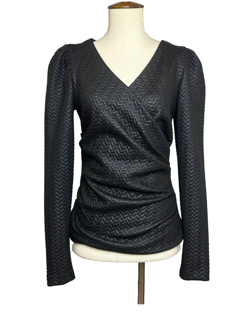 Nicole Miller Artelier Black Textured Long Sleeve Wrap Top Puff Sleeve